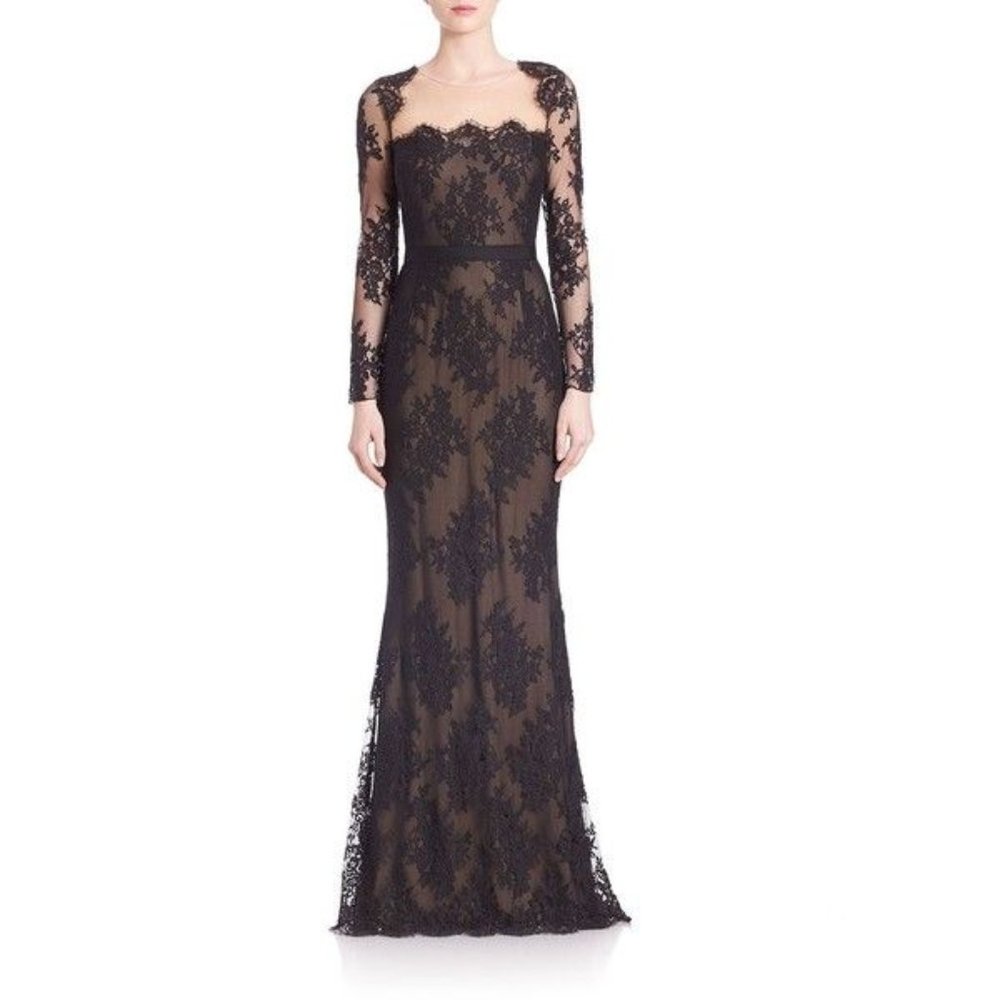 New Marchesa Notte lace illusion neckline square neck long sleeve formal gown